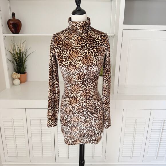 SPRWMN Leopard Print Velvet Velour Long Sleeve High Neck Covet Mini Dress Size S - Picture 2 of 8